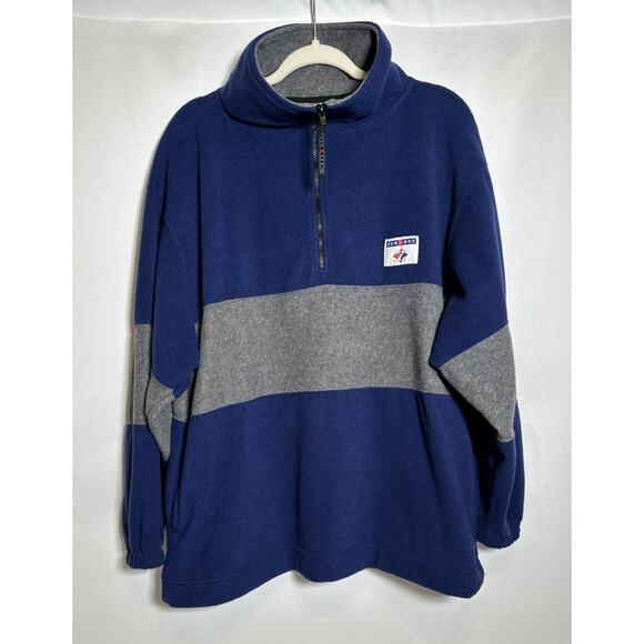 Vintage JERZEES Sweater Men's L Blue Gray 1/4 Zip Heavy Fleece Pockets 90s Adult - Picture 1 of 8